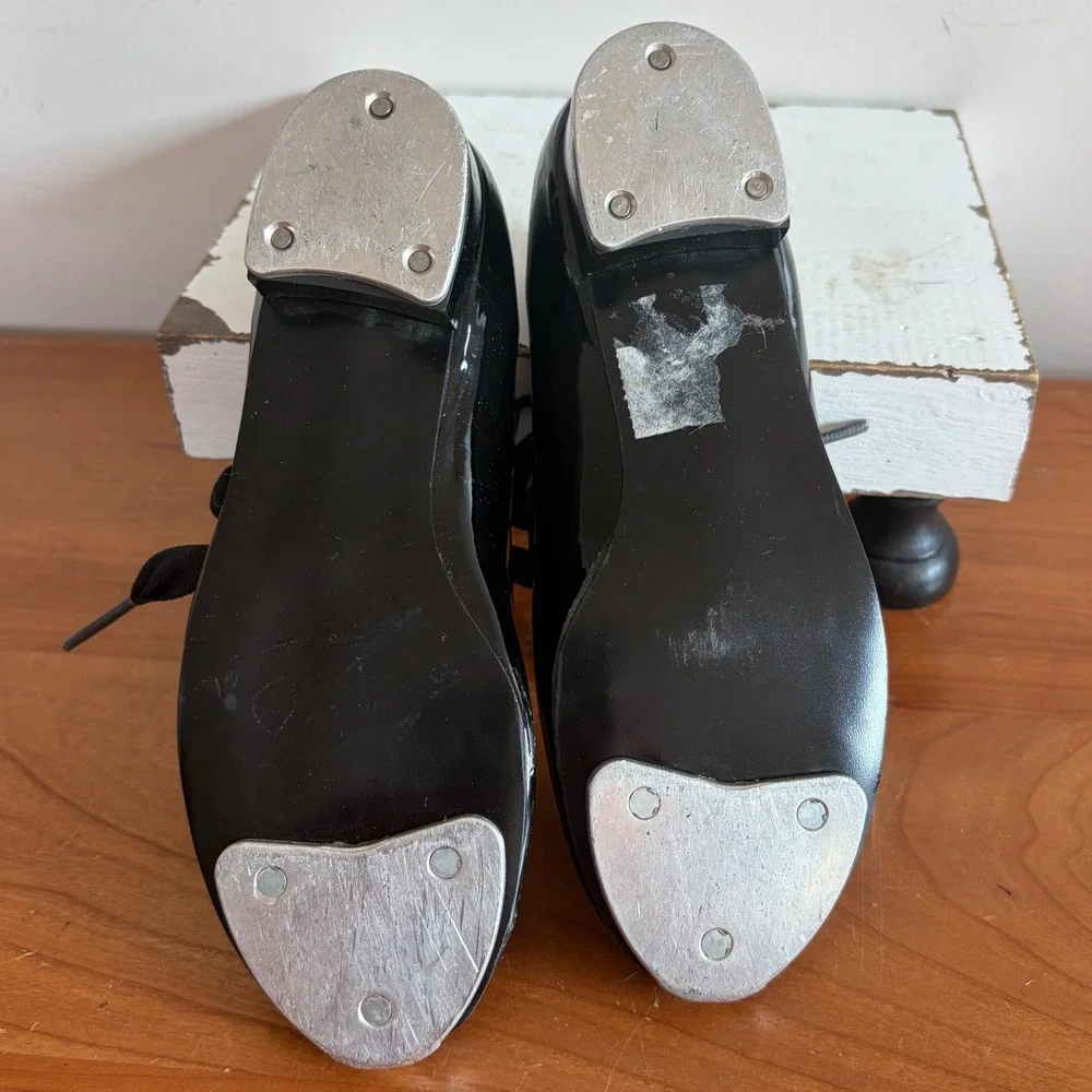 Spotlights Kids Black Patent Leather Tap Shoes Ribbon Tie Made in USA Size 9